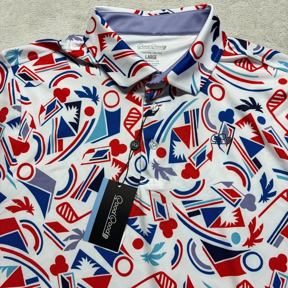 NEW Good Good Shirt Proud & True Polo Mens L Geometric White Print Golf Tropical